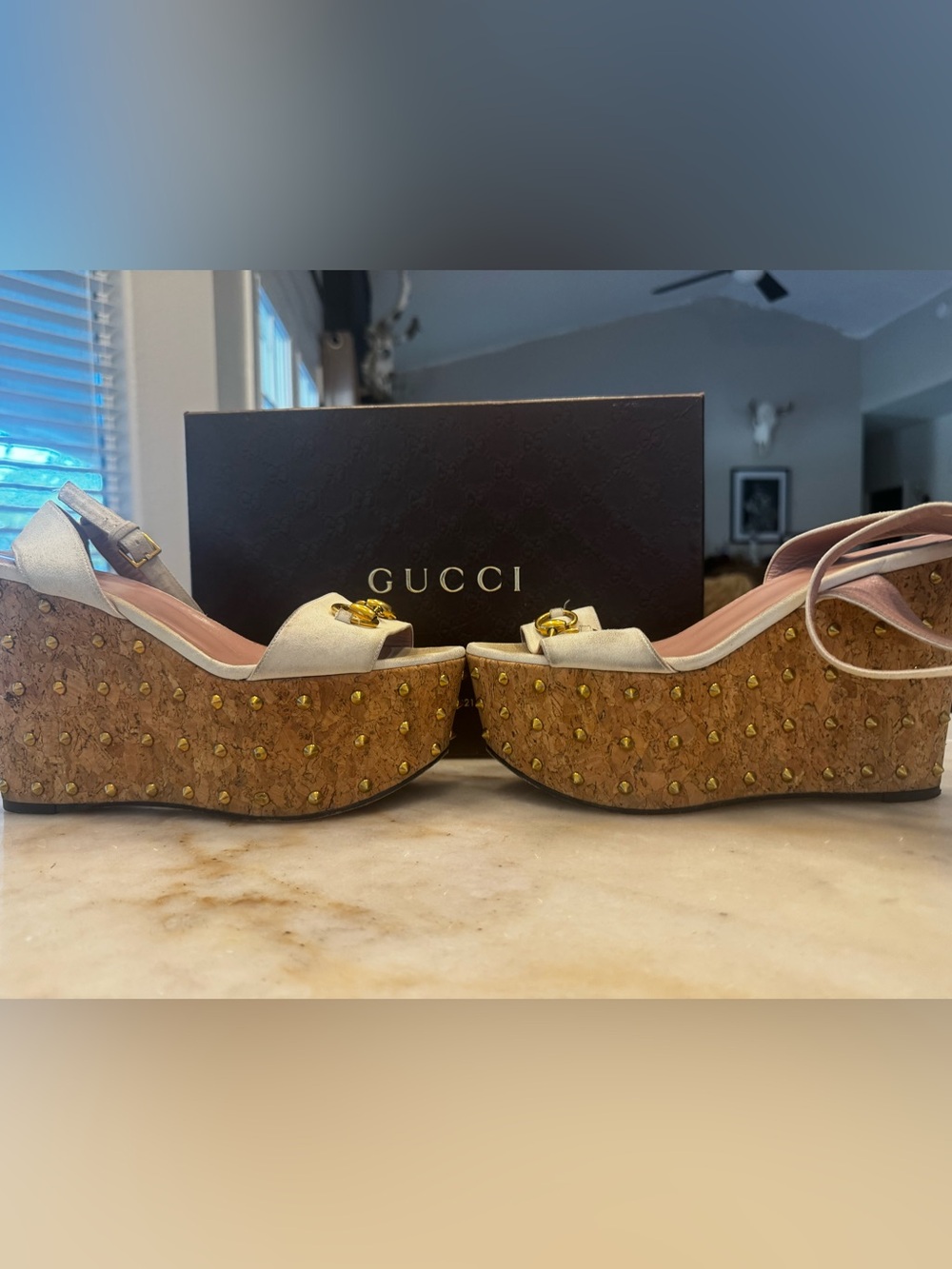 Gucci Cream Suede Cork Platform Sandals with Gold Horsebit & Studs - Picture 3 of 6